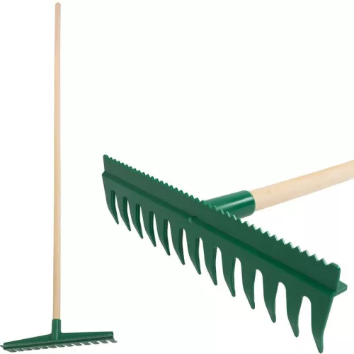 Kerti gereblye, Strend Pro Garden R140, zöld, 13 fogú, műanyag fej, fa nyél, 40 cm munkaszélesség, 155 cm nyél, kétoldalas, simító éllel