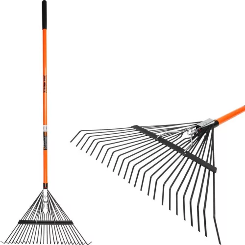 Lombseprű, gereblye, Strend Pro Garden, fekete/narancssárga, 24 fogú, acél fej, üvegszálas nyél, 58 cm munkaszélesség, 120 cm nyél