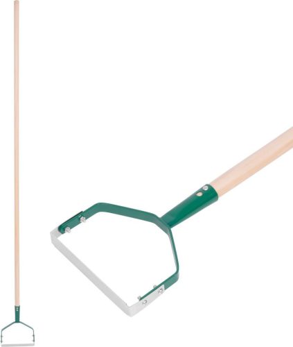 Kézi kultivátor, Strend Pro Garden, zöld, 150 cm, fém fej, fa nyél, talajlazító, ágyás előkészítéshez, trapéz alakú keret