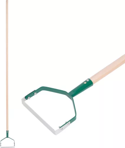 Kézi kultivátor, Strend Pro Garden, zöld, 150 cm, fém fej, fa nyél, talajlazító, ágyás előkészítéshez, trapéz alakú keret