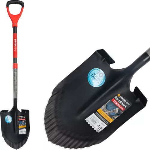 Ásó, Strend Pro Premium RedShark, 115 cm, hegyes fej, fekete/piros, acél fej, üvegszálas nyél, D markolat, fogazott él, bordázott