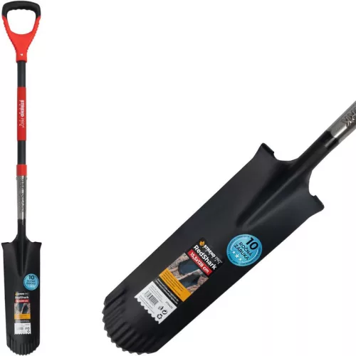Ásó, Strend Pro Premium RedShark, 128 cm, keskeny fej, fekete/piros, acél fej, üvegszálas nyél, D markolat, fogazott él, bordázott, csatornázó