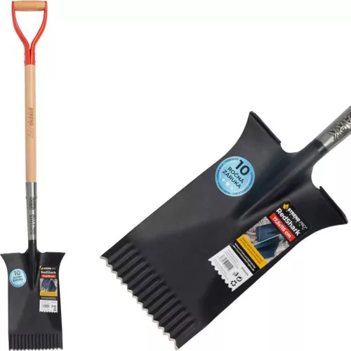 Ásó, Strend Pro Premium RedShark, 115 cm, egyenes fej, fekete, acél fej, fa nyél, D markolat, fogazott él, bordázott