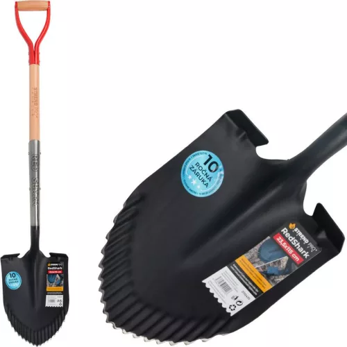 Ásó, Strend Pro Premium RedShark, 115 cm, hegyes fej, fekete, acél fej, fa nyél, D markolat, fogazott él, bordázott