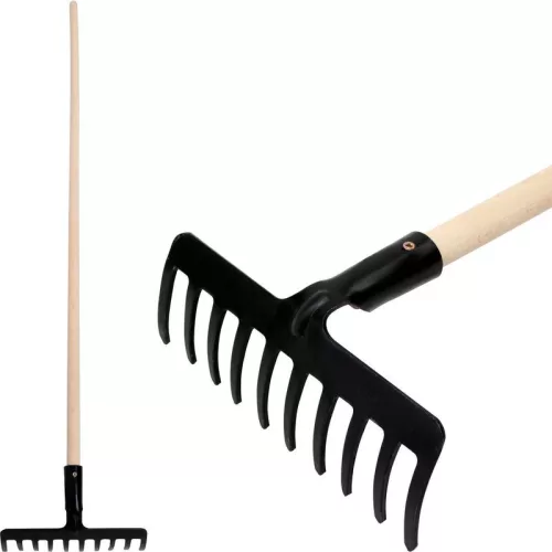 Kerti gereblye, Strend Pro Premium R-606, fekete, 10 fogú, acél fej, fa nyél, 26 cm munkaszélesség, 154 cm nyél