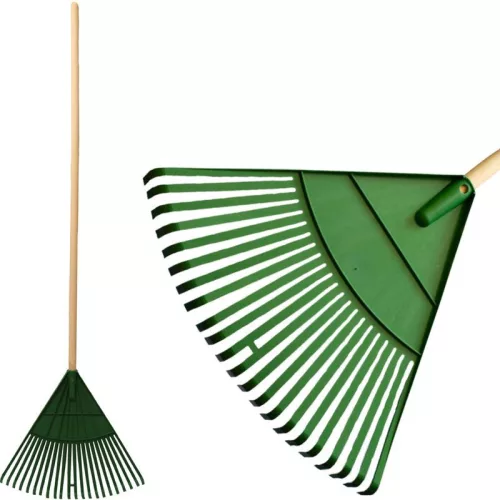Lombseprű, gereblye, Strend Pro Garden, zöld, 22 fogú, műanyag fej, fa nyél, 49 cm munkaszélesség, 164,5 cm nyél