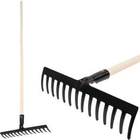   Kerti gereblye, Strend Pro Premium R-606, fekete, 14 fogú, acél fej, fa nyél, 40 cm munkaszélesség, 148 cm nyél