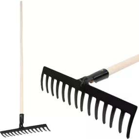   Kerti gereblye, Strend Pro Premium R-606, fekete, 14 fogú, acél fej, fa nyél, 40 cm munkaszélesség, 148 cm nyél