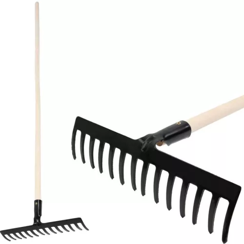 Kerti gereblye, Strend Pro Premium R-606, fekete, 14 fogú, acél fej, fa nyél, 40 cm munkaszélesség, 148 cm nyél