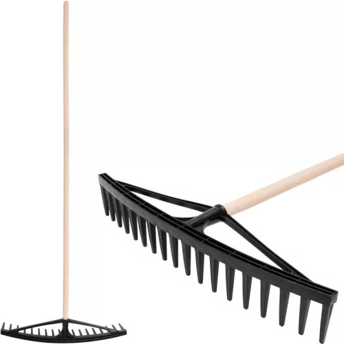 Kerti gereblye, Strend Pro Garden, fekete, 18 fogú, műanyag fej, fa nyél, 60,5 cm munkaszélesség, 165,5 cm nyél, szénagereblye
