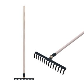   Kerti gereblye, Strend Pro Garden, fekete, 14 fogú, acél fej, fa nyél, 34,5 cm munkaszélesség, 160 cm nyél