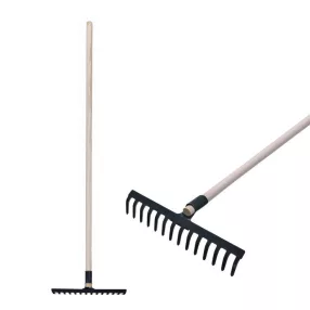   Kerti gereblye, Strend Pro Garden, fekete, 14 fogú, acél fej, fa nyél, 34,5 cm munkaszélesség, 160 cm nyél