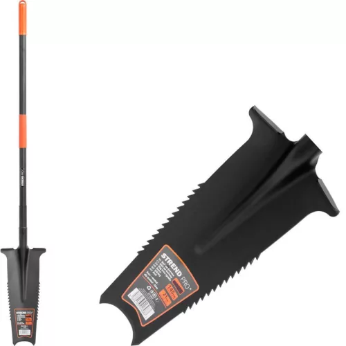 Ásó, Strend Pro Garden MW1-4ML, keskeny fej, fekete, acél fej, fogazott él, csatornázó