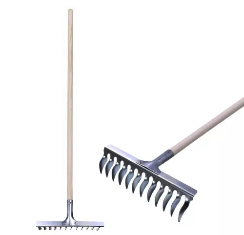 Kerti gereblye, Strend Pro Garden R108A.WH, ezüst, 12 fogú, acél fej, fa nyél, 33 cm munkaszélesség, 160 cm nyél, gyepszellőztető