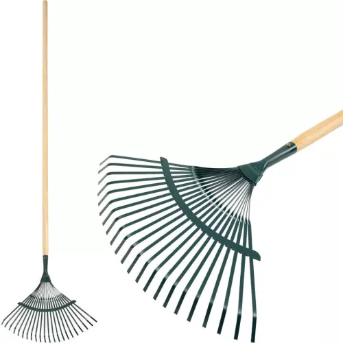 Lombseprű, gereblye, Strend Pro Garden, sötétzöld, 22 fogú, acél fej, fa nyél, 43 cm munkaszélesség, 192 cm nyél