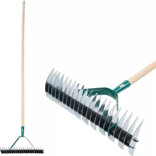 Kerti gereblye, Strend Pro Garden R1151, 11/21 fogú, acél fej, fa nyél, 35,5 cm munkaszélesség, 177,5 cm nyél, gyepszellőztető, mohaeltávolításhoz, kétoldalas