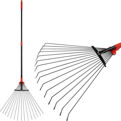 Lombseprű, gereblye, Strend Pro Garden R114, fekete/piros, 15 fogú, acél fej, fém nyél, 19-59 cm munkaszélesség, 79–160 cm nyél, állítható szélesség, teleszkópos nyél