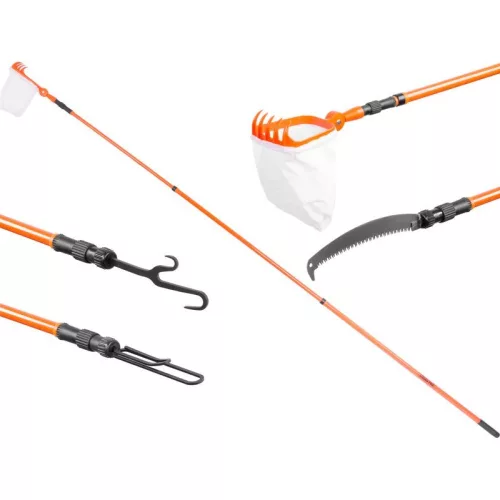 Gyümölcsszedő, Strend Pro Garden GT7031, narancssárga, teleszkópos nyél, 150-360 cm, fém nyél, zsákkal és szűrővel, fűrész rögzíthető
