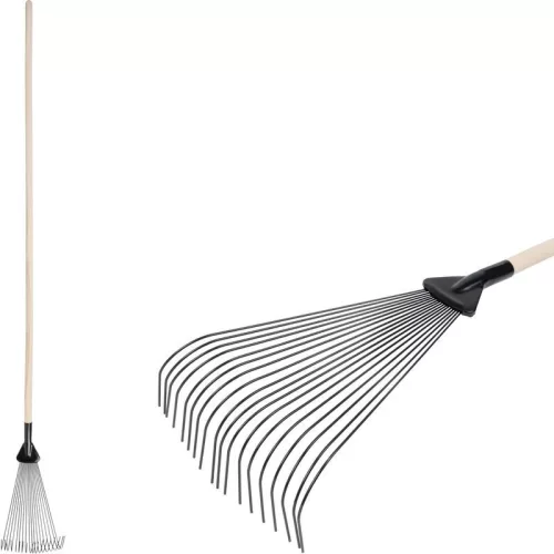 Lombseprű, gereblye, Strend Pro Garden, fekete, 18 fogú, acél fej, fa nyél, 22,5 cm munkaszélesség, 200 cm nyél