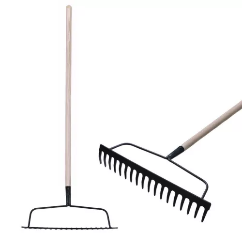 Kerti gereblye, Strend Pro Garden R101, fekete, 18 fogú, acél fej, fa nyél, 44 cm munkaszélesség, 165 cm nyél
