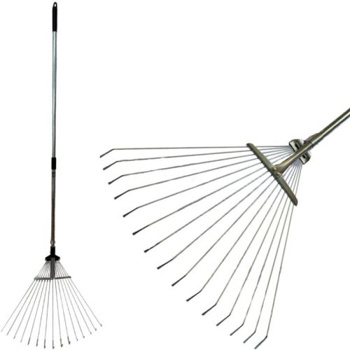 Lombseprű, gereblye, Strend Pro Garden R120, fekete/szürke, 15 fogú, acél fej, fém nyél, 19-45 cm munkaszélesség, 78–158 cm nyél, állítható szélesség, teleszkópos nyél