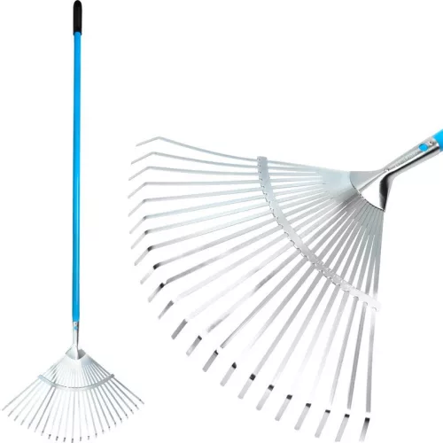 Lombseprű, gereblye, Aquacraft 380352, ezüst/kék/fekete, 22 fogú, acél fej, alumínium nyél, 46 cm munkaszélesség, 158 cm nyél