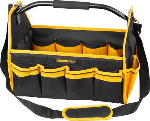 Szerszámos táska, Strend Pro, 45 × 28 × 33 cm, fekete/sárga, textil, nehéz szerszámokhoz, oldalzsebekkel, rögzíthető vállpánttal, 20 kg teherbírás