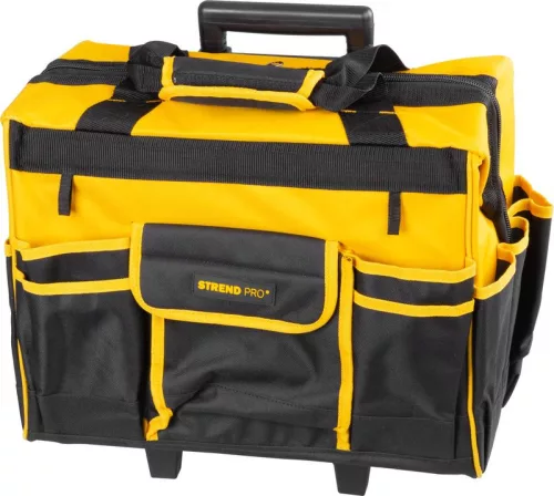 Szerszámos táska, Strend Pro, 44 x 24 x 42 cm, fekete/sárga, textil, kerekekkel, teleszkópos fogantyúval, cipzáras, 20 kg teherbírás