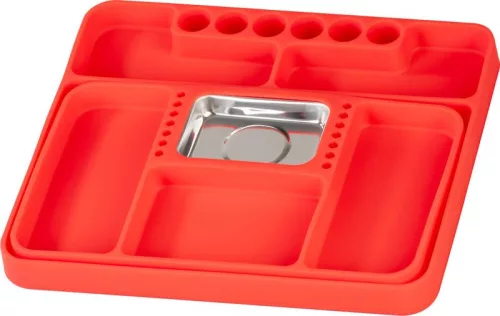 Mágneses csavartálca, Strend Pro, piros, 27,2 × 24 × 2,5 cm, szilikon, csúszásmentes, több rekesszel, neodímium mágnes, karcálló