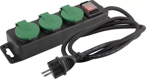 Kültéri hosszabbítós elosztó kapcsolóval, Strend Pro FS0701, 3 m, fekete, 3 aljzat, 1,5mm2, IP44, kültéri, fedeles aljzatok, 16 A