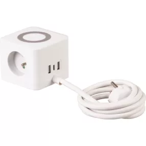   USB-s hosszabbítós elosztó, Strend Pro, 1,4 m, fehér, 3 aljzat, USB-C, 2 x USB-A 5 V, vezeték nélküli töltés, kocka
