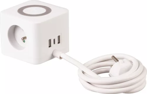 USB-s hosszabbítós elosztó, Strend Pro, 1,4 m, fehér, 3 aljzat, USB-C, 2 x USB-A 5 V, vezeték nélküli töltés, kocka