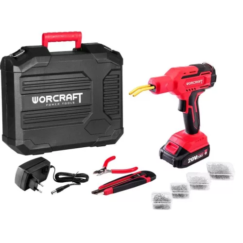 Akkumulátoros műanyaghegesztő pisztoly, Worcraft CPW-S20LiM ShareSYS, piros/fekete, 60 W, 400 db kapoccsal, fogóval és letörő késsel, 20 V 2 Ah Li-Ion, műanyag hordtáskában, akkumulátorral és töltővel
