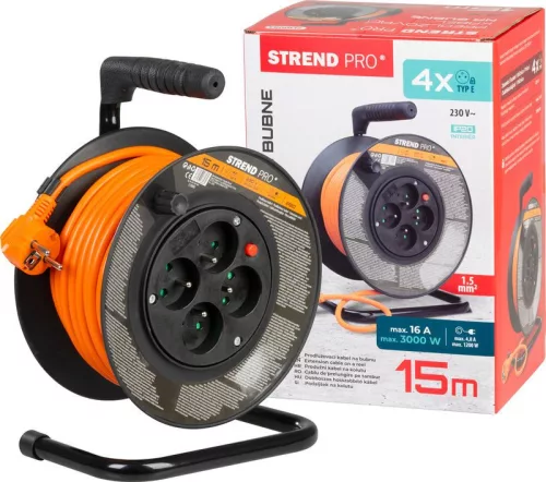 Kábeldob, Strend Pro DG-FB04, 15 m, narancssárga, 4 aljzat, 230 V, 1,5 mm2, maximum 3000 W
