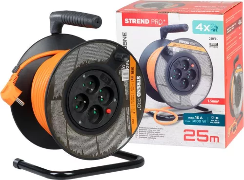 Kábeldob, Strend Pro DG-FB04, 25 m, narancssárga, 4 aljzat, 230 V, 1,5 mm2, maximum 3680 W