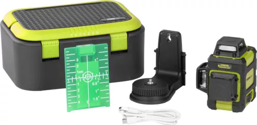 Lézeres szintező, Strend Pro Industrial MN03CG, fekete, 3 zöld sugár, 3 x 360°, IP54, önszintező, akkumulátoros