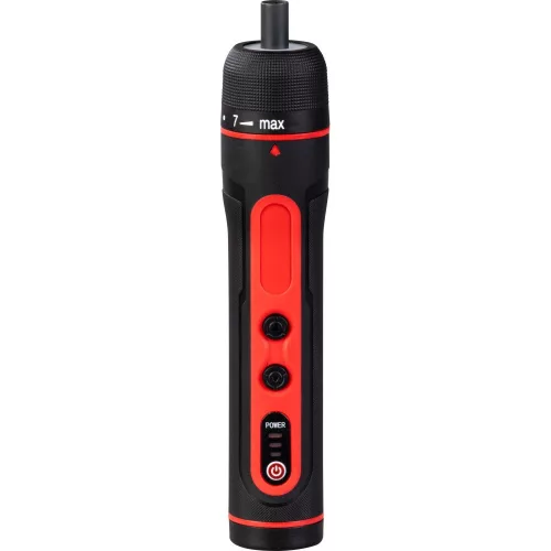 Akkumulátoros csavarhúzó, Strend Pro P09E2151, fekete/piros, 3 Nm, 0-350 fordulat/perc, 3,6 V Li-Ion, USB-C töltés, 27 darabos bitkészlet, hordtáskában