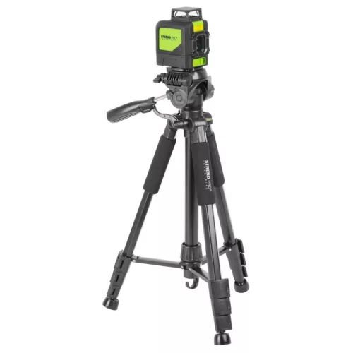 Lézeres szintező, Strend Pro Industrial 901CG, zöld/fekete, Osram technológia, 360°-os forgatható talp, állítható láb, 150 cm állvánnyal, akkumulátoros