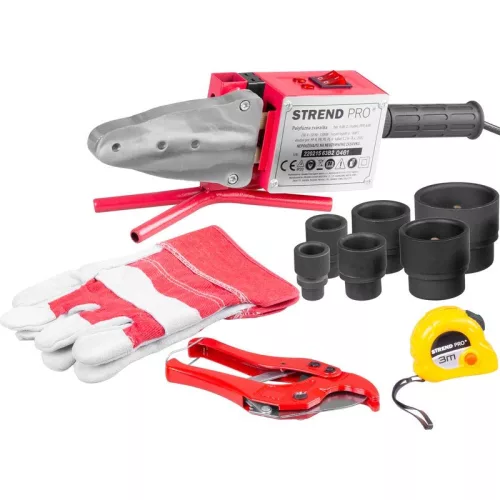 Polifúziós hegesztőgép, Strend Pro PPR 63B, piros/fekete, 6 db 20 - 63 mm fűtőpofával, műanyag csövekhez, 1500 W, maximum 300°C, 14 részes készlet