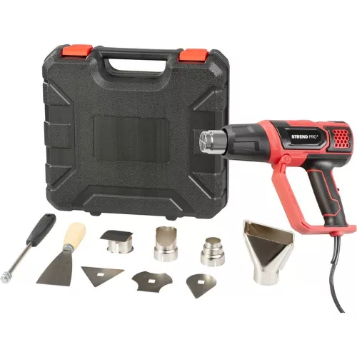 Elektromos hőlégfúvó, Strend Pro HG203, piros/fekete, 2000 W, 50-600 ° hőfok, 300 l/perc - 500 l/perc, fúvókákkal és kaparóval, hordtáskában