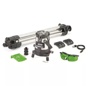   Lézeres szintező, Kapro 875GS Prolaser Beamfinder, zöld sugár, 1 vízszintes és 4 függőleges sugár, ±0,2 mm/m pontosság, 30/60 m hatótáv, önszintező, II. lézerosztály, állvánnyal és szemüveggel, kofferben