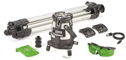 Lézeres szintező, Kapro 875GS Prolaser Beamfinder, zöld sugár, 1 vízszintes és 4 függőleges sugár, ±0,2 mm/m pontosság, 30/60 m hatótáv, önszintező, II. lézerosztály, állvánnyal és szemüveggel, kofferben