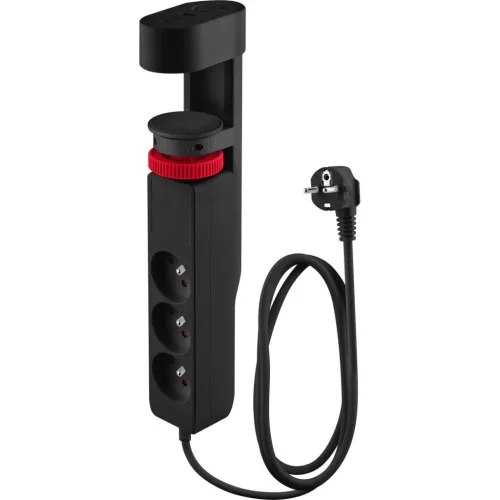 USB-s hosszabbítós elosztó, Strend Pro, 1,4 m, fekete, 6 az 1-ben, 3 aljzat, 2 x USB-a, 1 x USB-C, asztalra rögzíthető