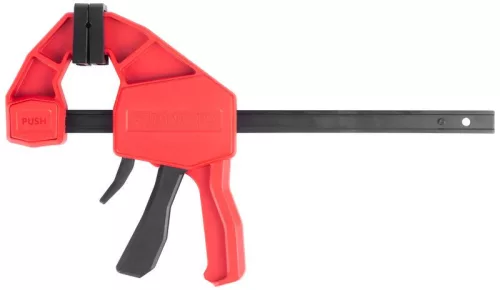 Gyorsszorító, Strend Pro Premium DT6608, fekete/piros, 300 mm, egykezes, gyors kioldással, nyújtásra is alkalmas, maximum 150 kg szorítónyomás