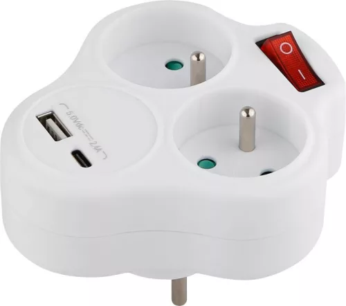 USB-s elosztó kapcsolóval, Strend Pro, 2 aljzat, fehér, 2 × 16 A, 230 V, USB-A és USB-C, kompakt kialakítás, otthoni és irodai használatra