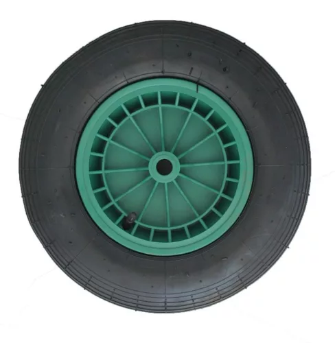 Talicska és kézikocsi kerék, Strend Pro Garden Greenlawn, fekete/zöld, 38 cm átmérő, 9 cm szélesség, tengelyfurat: 20 mm, műanyag tűcsapágy, PE és fém tárcsa