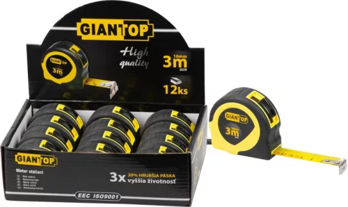Mérőszalag, Giantop CR-82 CE, sárga/fekete, 12 db-os doboz, 3 m/16 mm, acél szalag, műanyag tok