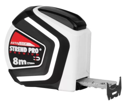 Mérőszalag, Strend Pro Premium, fekete/fehér, 8 m/27 mm, acél szalag, műanyag tok