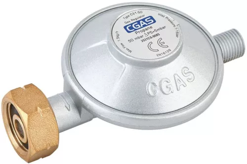 Gázszabályzó, Strend Pro CGAS C31-50, 50 mbar nyomás, G1/4 col balmenet (LH), EN 12864, Propán-Butánhoz, otthoni felhasználásra