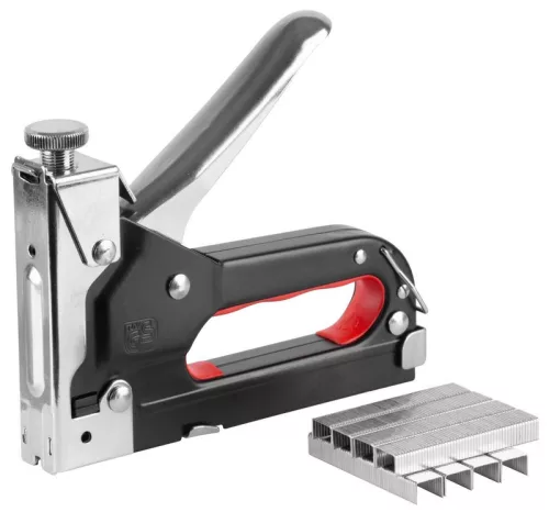 Kézi tűzőgép, szögbelövő, Strend Pro S221, ezüst/fekete, 4–14 mm / 10-12 mm kapocshossz, C / B kapcsokhoz, 10-14 mm szeghossz, 400 db kapoccsal, kárpitos